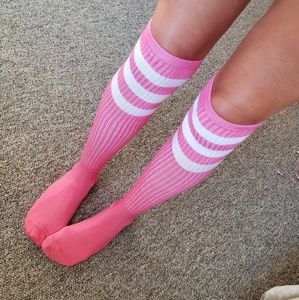 Knee-high socks hot pink striped